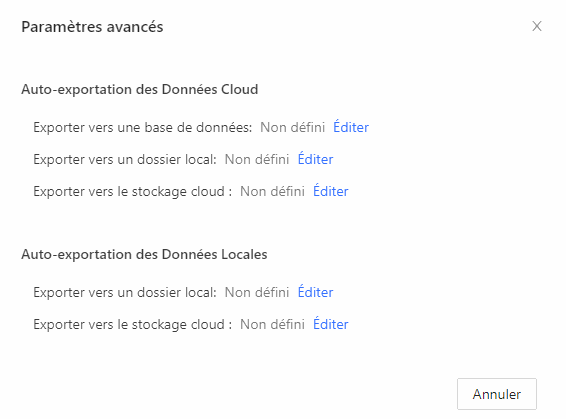 Configuration des destinations d'export automatique pour les données cloud et les données locales