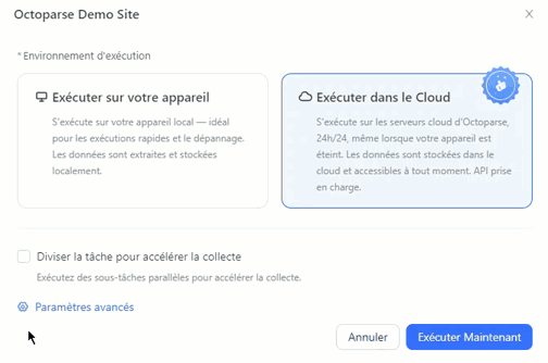 Choix entre extraction locale et extraction dans le cloud pour une exécution ponctuelle