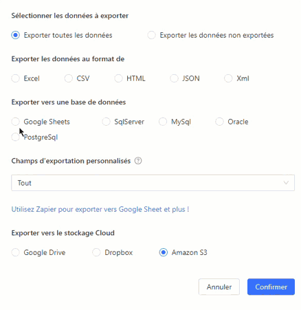 L'écran d'export de données d'Octoparse avec les options Excel, CSV, base de données et stockage cloud