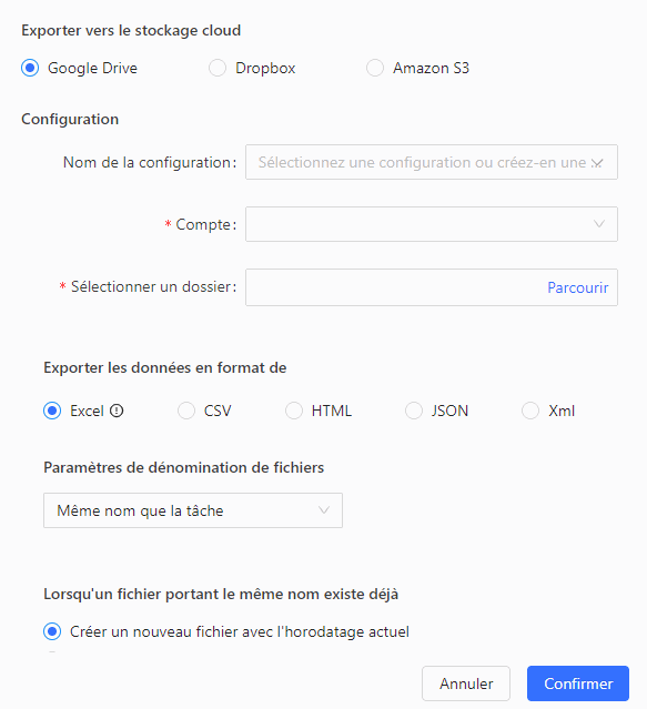 Configuration d'une destination de stockage cloud et du format d'export