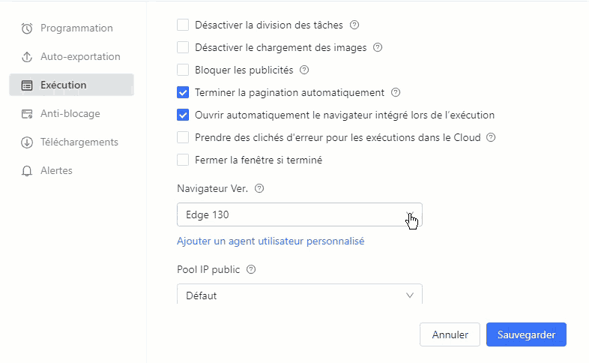 L'écran des paramètres d'exécution d'une tâche personnalisée : navigateur intégré, groupes de serveurs cloud et extraction incrémentale