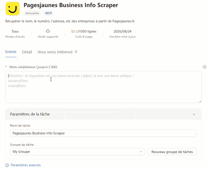 L'écran du modèle Pagesjaunes Business Info Scraper